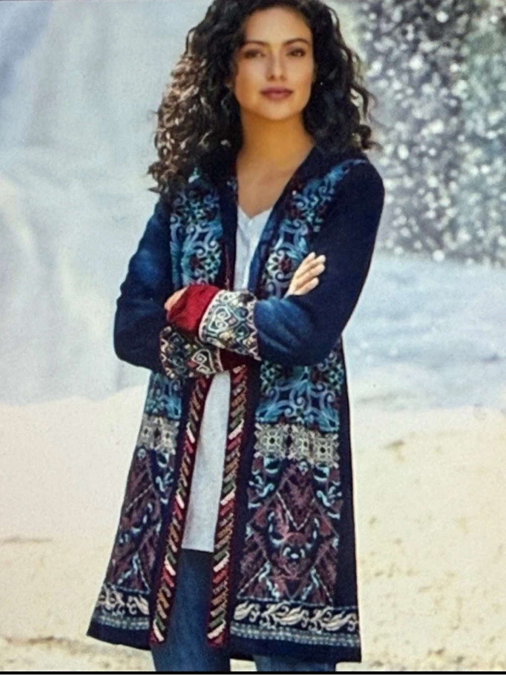 Soft Surroundings Lysa Sweater Coat L Hooded Duster Embroid Velvet Sequins